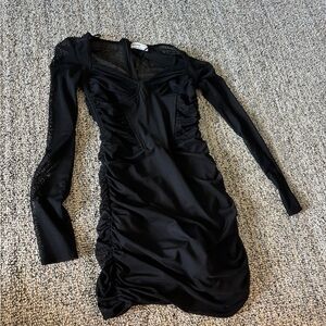 Bershka Black Ruched Bodycon Dress V-Neck Long Sleeve